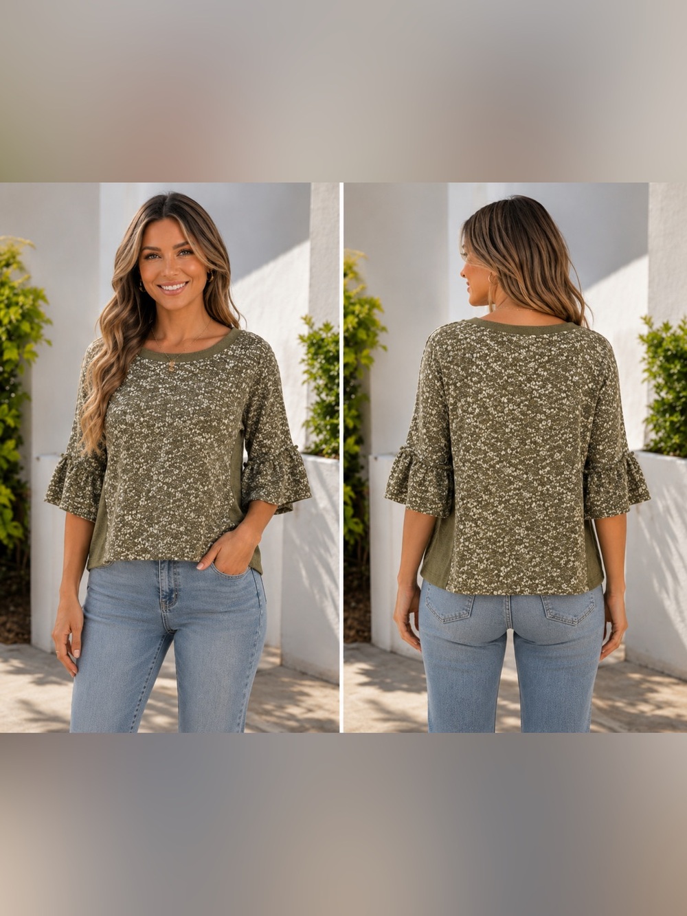 Easel Olive Green Knit Peasant Style Top